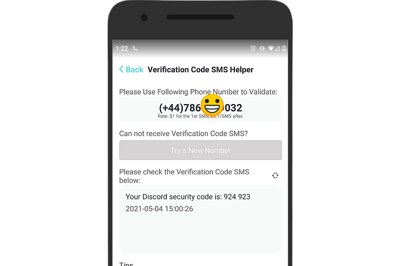 Discord security code provided by Verification code SMS helper