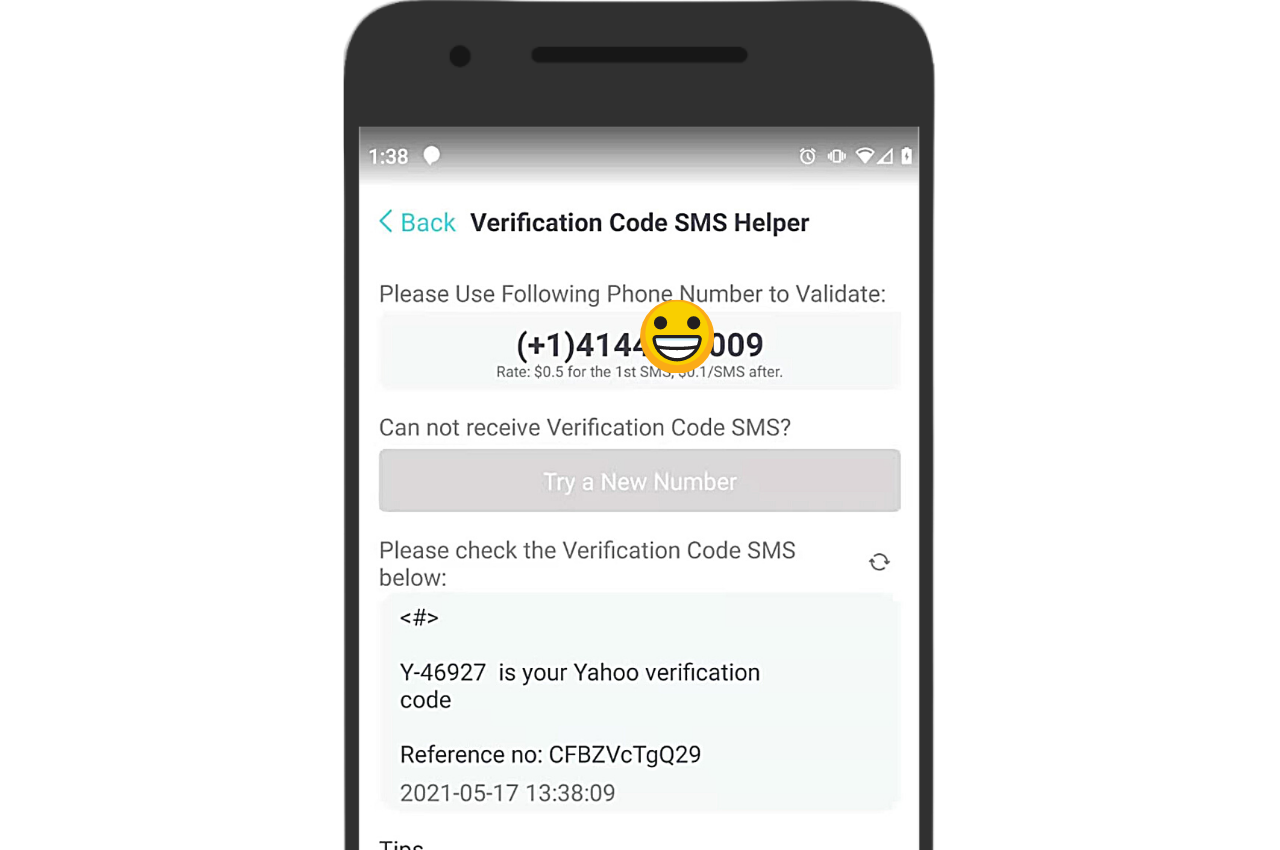 Yahoo verification helper SMS code on PingMe